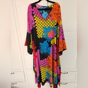 Natori Rimini Caftan Or Maxi Dress 3X Plus Vivid Floral Satin Lounge Pockets Euc